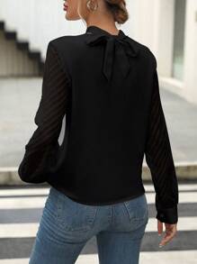 SHEIN Clasi Solid Criss Cross Front Blouse,Long Sleeve Tops - Black - View 2