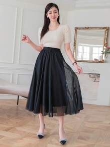 DAZY Ladies' Knitted Top With Square Neckline And Short Puff Sleeves - Beige - View 4