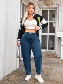 Cloudara Jeans De Mamá De Talla Grande De Color Sólido - Azul lavado medio - Ver 3