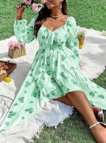 Flirla 加大碼花卉印花不對稱下擺打結連身裙 - 綠色 - 查看 5
