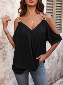 SHEIN LUNE Ladies Solid Color Open Shoulder T-Shirt - Black - View 5