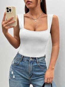 SHEIN EZwear 女士春夏衬衫方领无袖白色休闲紧身衣 - 白色 - 查看 4