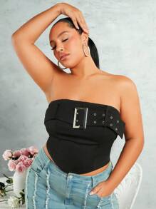 SHEIN BAE Mùa hè Khóa thắt lưng Không tay Ống ngọn Đen Co giãn Kích thước lớn Áo nịt ngực - màu đen - Xem 1