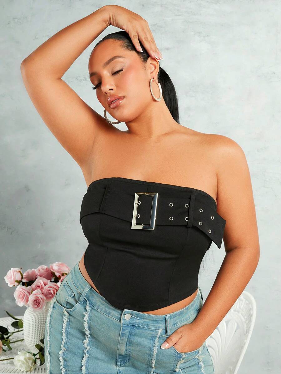 SHEIN BAE Mùa hè Khóa thắt lưng Không tay Ống ngọn Đen Co giãn Kích thước lớn Áo nịt ngực - màu đen - Xem 1