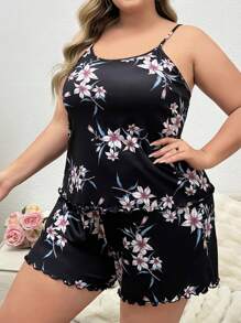 SHEIN Plus Size Floral Print Cami Top & Shorts Pajama Set - Black - View 3