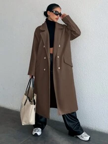 SHEIN Women's Double Breasted Long Woolen Coat - Brown - View 5