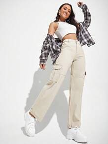 SHEIN EZwear 純色工裝牛仔褲 - 米色 - 查看 3