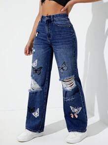 Jeanoix 女用蝴蝶圖案仿舊牛仔褲 - 深色水洗藍 - 查看 6