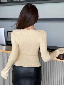 DAZY Lace Joint Cardigan With Buttons For Women - Beige - View 7