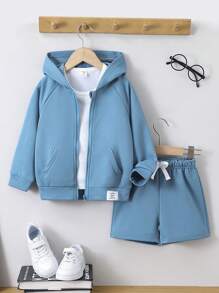 男童纯色贴布连帽衫和短裤套装 - 藍色 - 查看 1