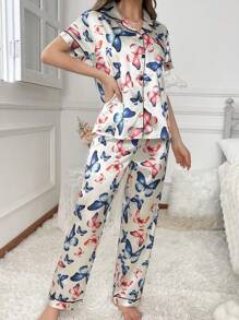 Butterfly Printed Faux Silk Collar Trimmed With Contrast Piping & Edge Pajama Set - Beige - View 5
