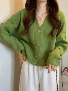 经典简约纯色V领开衫，百搭款式，长袖上衣 - 綠色 - 查看 7