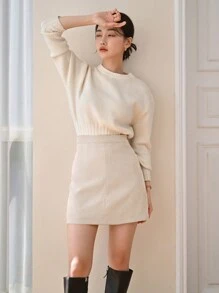 DAZY Solid Color High Waist Casual Mini Skirt - Apricot - View 3