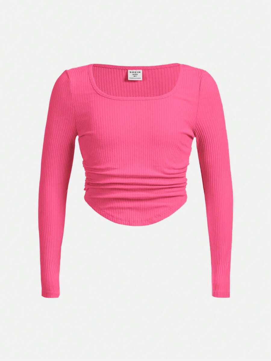 Tween Girls' Shiny Street Style Knitted Solid Color Square Neck Long Sleeve T-Shirt - Hot Pink - View 1
