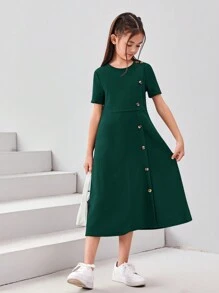 SHEIN Leap Crew Tween Girl Button Decorated Elegant Short Sleeve Round Neck Dress - Green - View 2