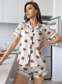 Bear Print Short Sleeve Button-Front Collared Shirt & Shorts Pajama Set With Contrast Trim - Beige - View 6