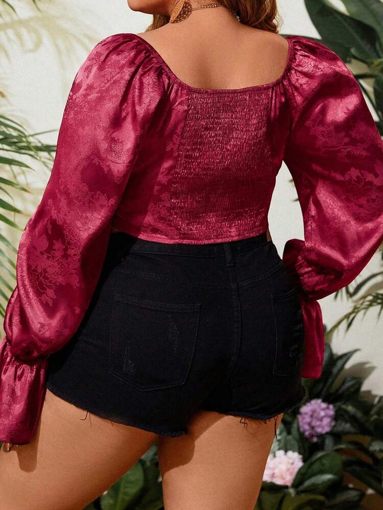 Plus Size Strap Tie Front Floral Jacquard Bell Sleeve Satin Blouse