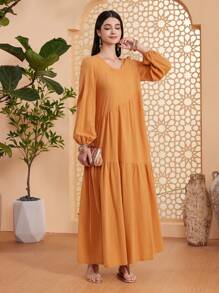 Seusyu 女性圓領燈籠袖阿拉伯風格連衣裙 - 黃色 - 查看 3