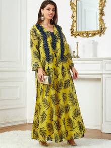 V-Neck Leaf Print Maxi Arabian Dress - Yellow - View 3