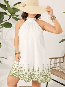 SHEIN VCAY Plus Size Embroidered White Beach/Festival Sundress With Halter Neck For Summer Vacation - White - View 3
