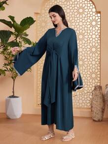 Al Najma Deep Notched Collar Short Sleeve Front Knot Slit Dress - Green - View 8
