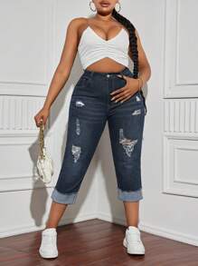 SHEIN 大尺寸女式磨損邊摺疊洋裝褲 - 深色水洗藍 - 查看 5