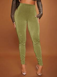 SHEIN SXY Women's Metallic Shiny Fabric Tight-Fitting Leggings - Green - View 6
