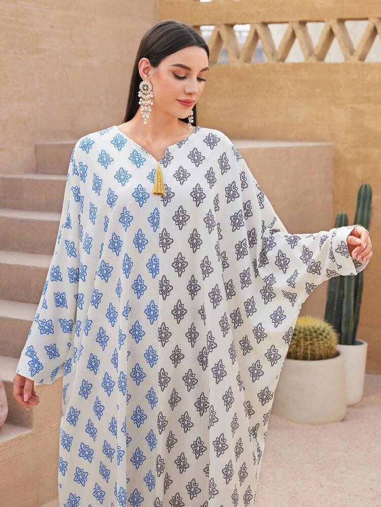 Women's Full-Printed Fringe Decor Color-Block Batwing Sleeve Kaftan