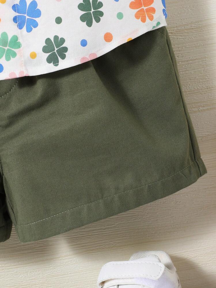 Infant Boys' Clover Pattern Color Block Cardigan With Patch Pockets And Shorts Casual Set