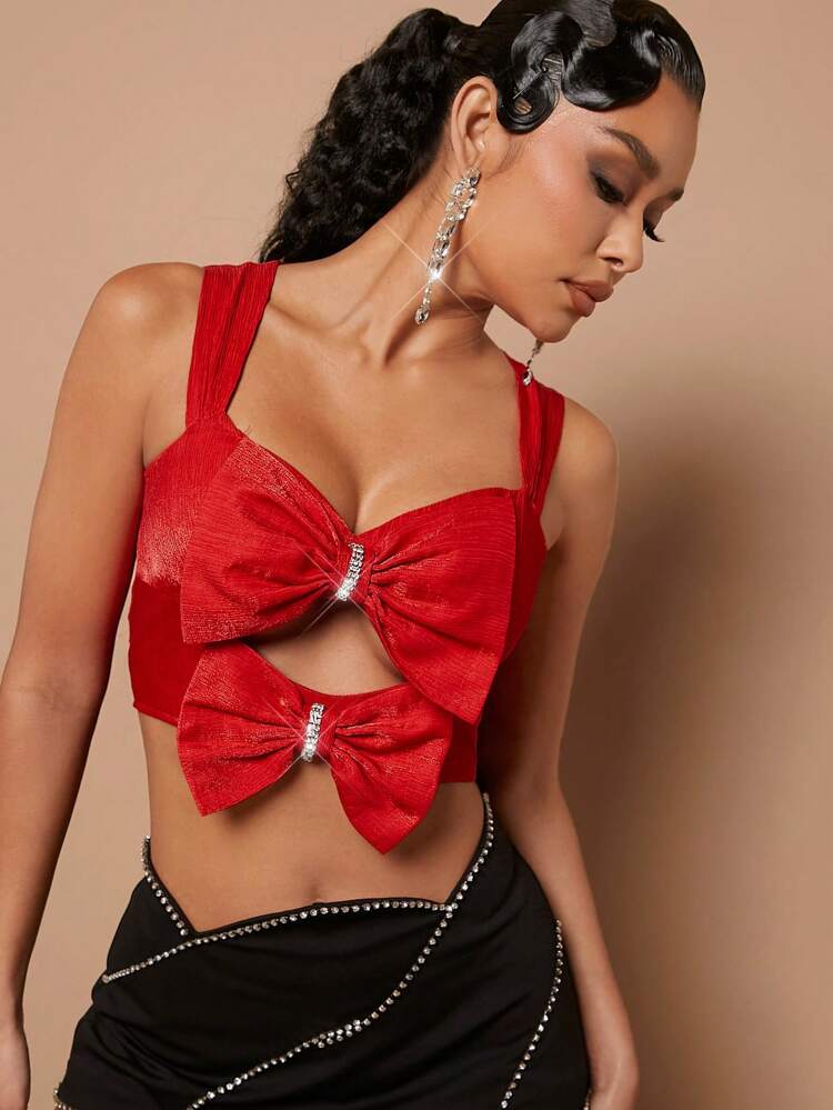 Layered Bow Cut Out Rhinestone Crop Top