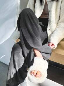 Flirla 大尺碼女式束口腰分雙擺長褲 - 深灰色 - 查看 1