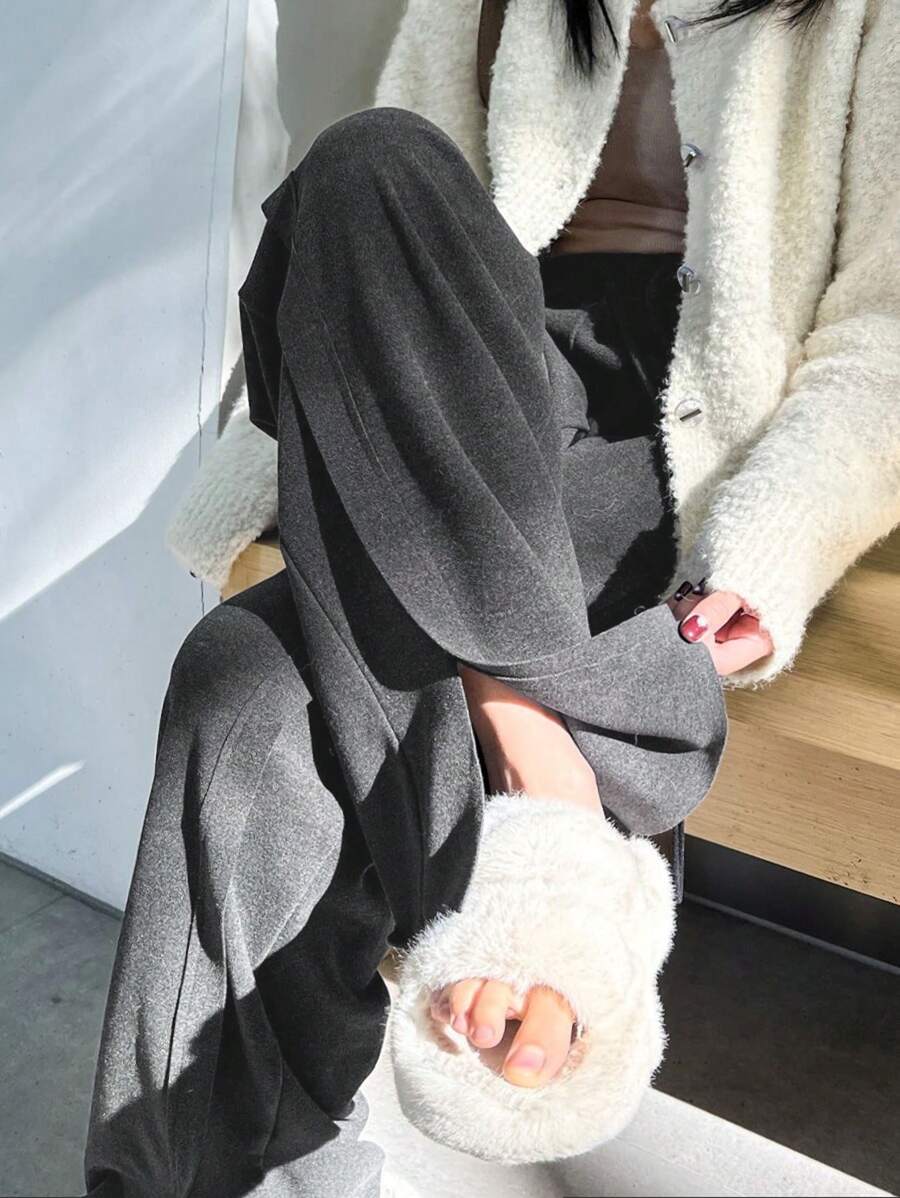 Flirla 大尺碼女式束口腰分雙擺長褲 - 深灰色 - 查看 1