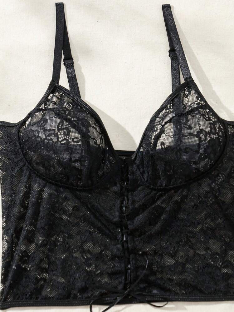 Women Black Lace Lingerie Set Classic Sexy Spaghetti Strap Lace Up Short Underwear