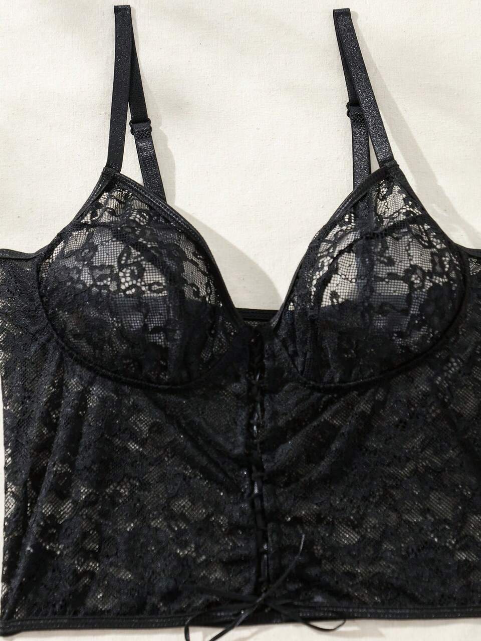 Women Black Lace Lingerie Set Classic Sexy Spaghetti Strap Lace Up Short Underwear