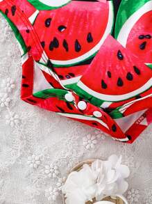 Baby Girl Watermelon Printed Round Neck Sleeveless Bodysuit - Red - View 6