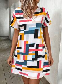 SHEIN LUNE Women's Colorful A-Line Dress With V-Neck, Batwing Sleeve And Full Print Dopamine Geometric Pattern - Multicolor - View 5