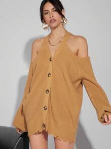 Denimoi Women's Off-Shoulder Distressed Hem Button Up Shirt - Khaki - View 1