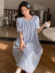 DAZY Women's Colorful Polka Dot Coral Fleece Puff Sleeve Sleep Dress Fall,Winter Pajama - Blue - View 1
