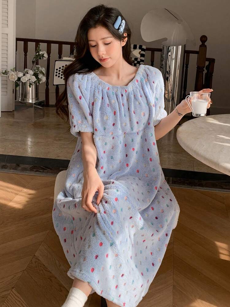Women's Colorful Polka Dot Coral Fleece Puff Sleeve Sleep Dress Fall,Winter Pajama