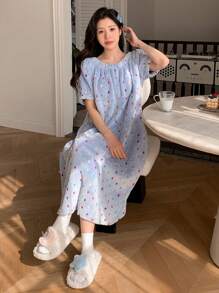 DAZY Women's Colorful Polka Dot Coral Fleece Puff Sleeve Sleep Dress Fall,Winter Pajama - Blue - View 4