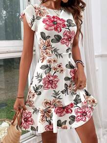 SHEIN VCAY Floral Print Ruffled Sleeve Knited Waist Summer Women Dress - Multicolor - View 3