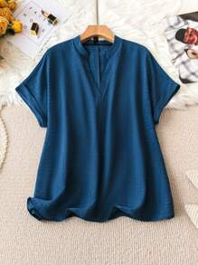 SHEIN LUNE Kích thước lớn Lỏng lẻo phù hợp Giải trí Áo sơ mi Với Cổ áo có khía - Màu xanh lam - Xem 1