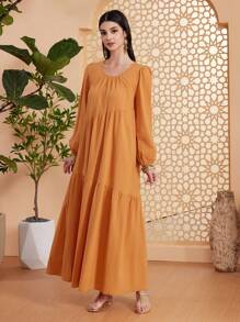 Seusyu 女性圓領燈籠袖阿拉伯風格連衣裙 - 黃色 - 查看 5