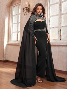 YISIKADO Women's Rhinestone & Pearl Embellished Stand Collar Cape Cloak, Luxurious For Party Evening Gown - Black - View 5