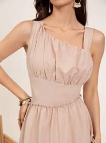 GENKIRA Solid Color Women's Asymmetrical Collar Dress - Khaki - View 4