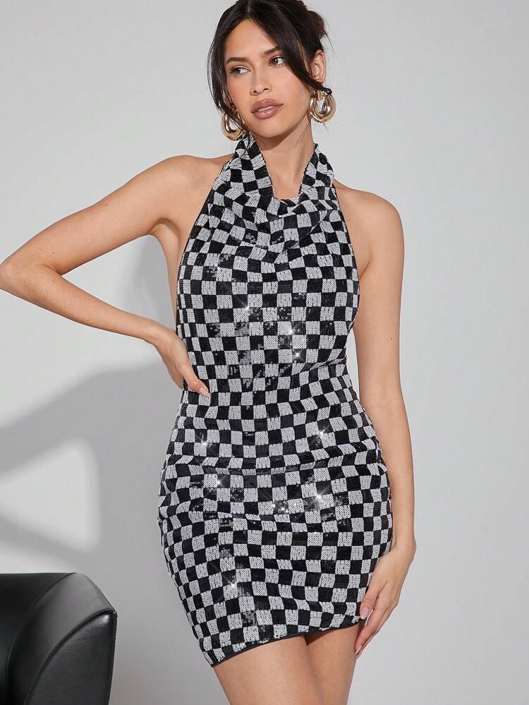 Sequin Checker Draped Sexy Backless Halter Dress