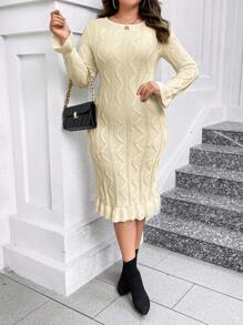 SHEIN Clasi Plus Size Round Neck Bell Sleeve Sweater Dress Fall Cloth For Women - Apricot - View 4