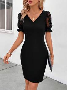 SHEIN Clasi Quý cô Ren Nối Ống tay áo Đầm Với Hình quạt Hem - màu đen - Xem 5