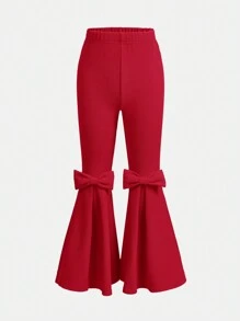 Tween Girl Plain Flared Pants With Bowknot Detail - Red - View 1