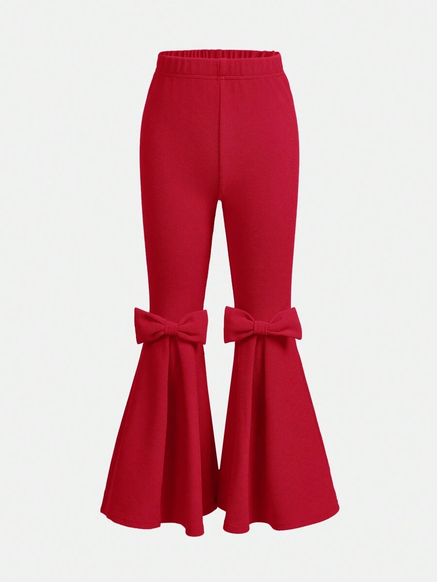 Tween Girl Plain Flared Pants With Bowknot Detail - Red - View 1
